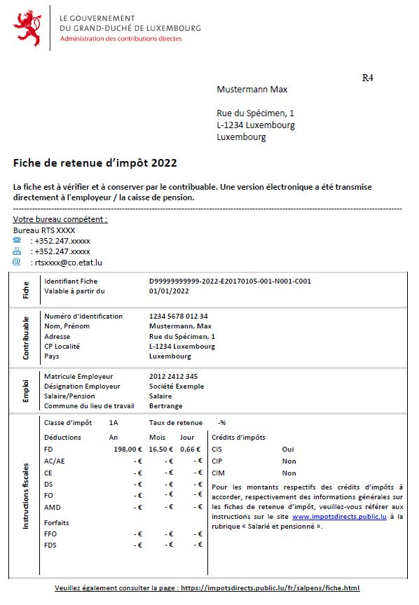 Exemple de fiche de retenue d'impôt luxembourgeoise