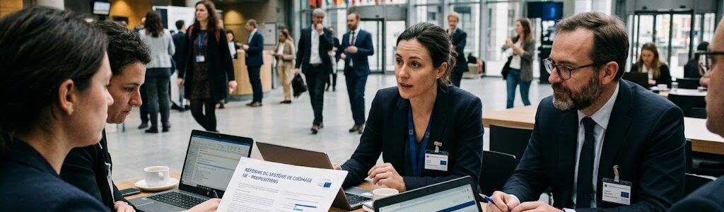 Réunion de travail sur la réforme européenne du chômage des frontaliers, drapeau de l'Union européenne en arrière-plan