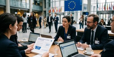 Réunion de travail sur la réforme européenne du chômage des frontaliers, drapeau de l'Union européenne en arrière-plan