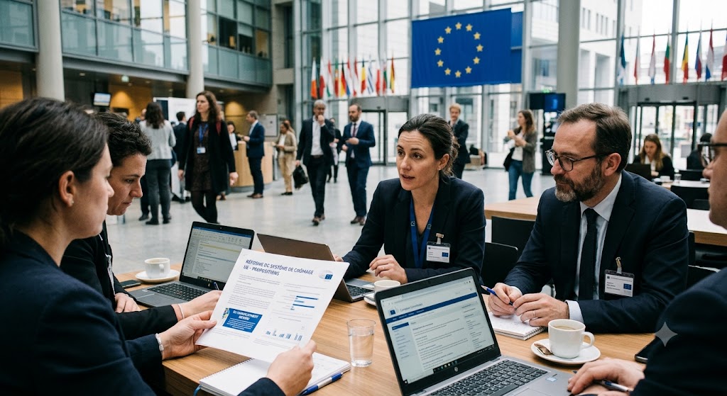 Réunion de travail sur la réforme européenne du chômage des frontaliers, drapeau de l'Union européenne en arrière-plan